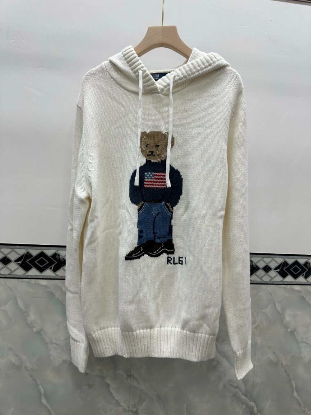 Polo Ralph Lauren Off White American Flag Polo Bear Knit Hooded Sweater